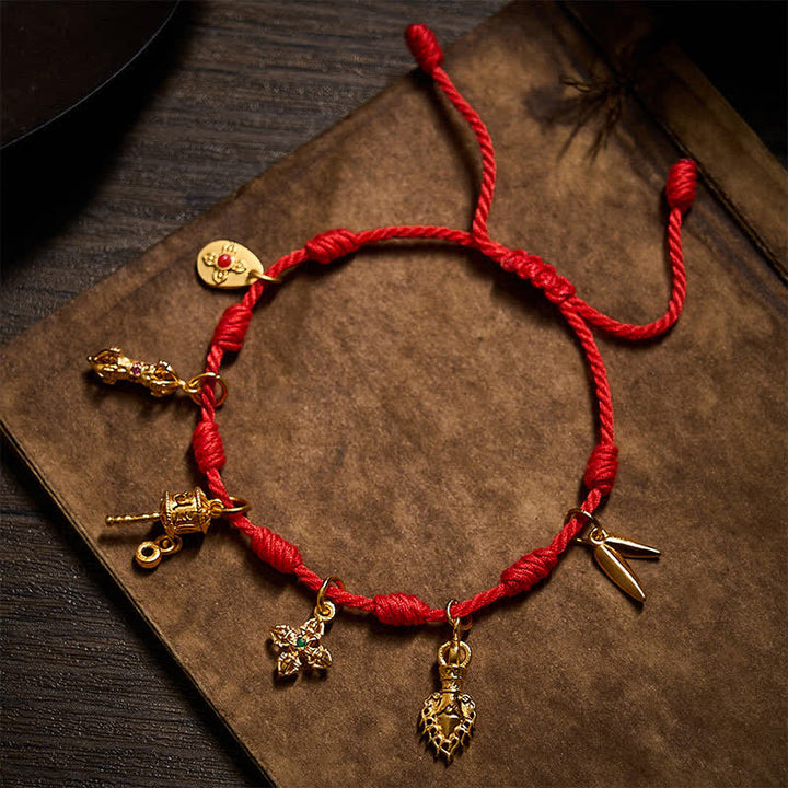 Buddha Stones Braccialetto portafortuna Zakiram con ruota di preghiera Om Mani Padme Hum, foglia di bambù, fatto a mano con sette nodi rossi e cordino rosso, con foglia di bambù. - image 3