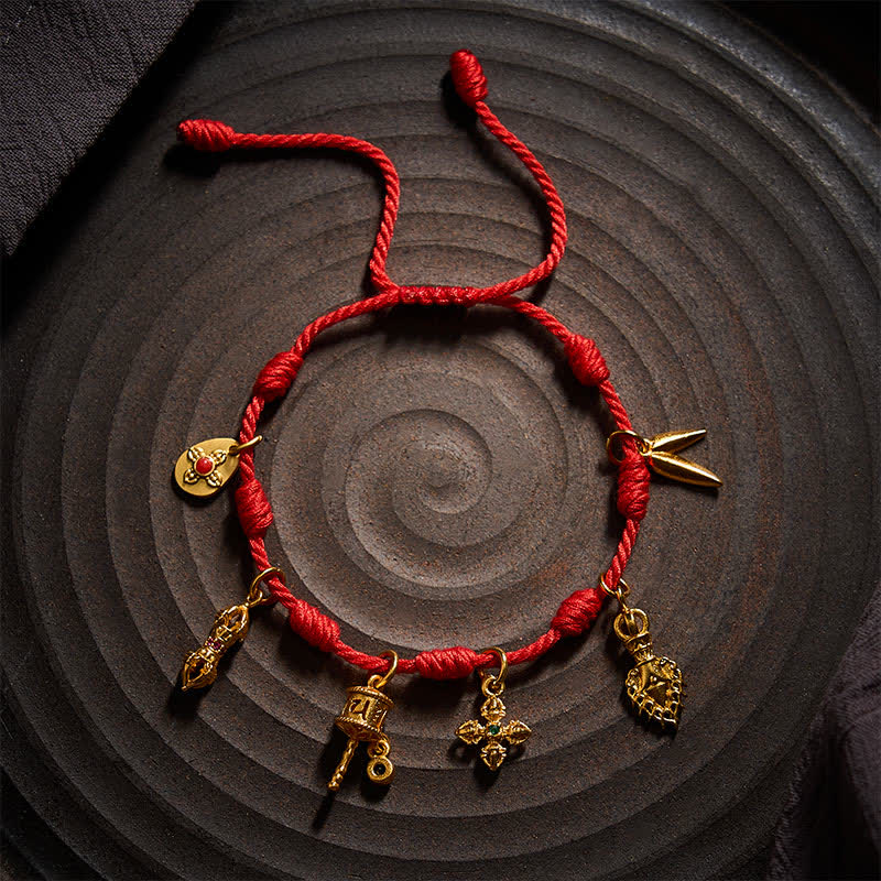 Buddha Stones Braccialetto portafortuna Zakiram con ruota di preghiera Om Mani Padme Hum, foglia di bambù, fatto a mano con sette nodi rossi e cordino rosso, con foglia di bambù. - image 8