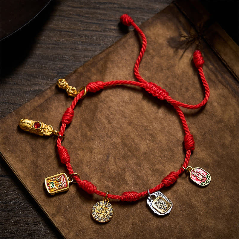 Buddha Stones Braccialetto portafortuna Zakiram con sette nodi rossi, fatto a mano, con carattere Fu Pixiu Vajra, simbolo di fortuna e benedizioni. - image 1