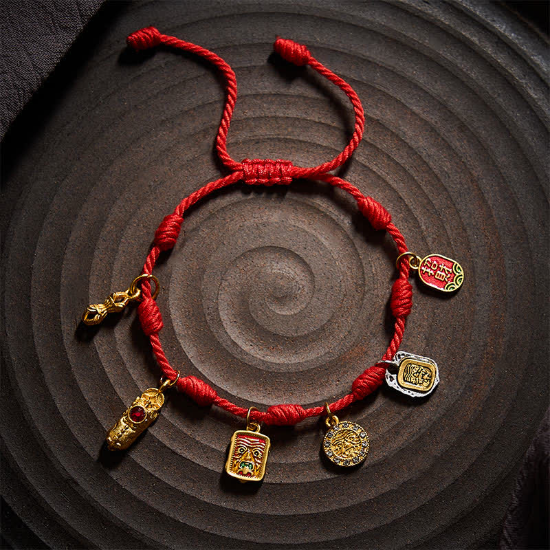 Buddha Stones Braccialetto portafortuna Zakiram con sette nodi rossi, fatto a mano, con carattere Fu Pixiu Vajra, simbolo di fortuna e benedizioni. - image 3