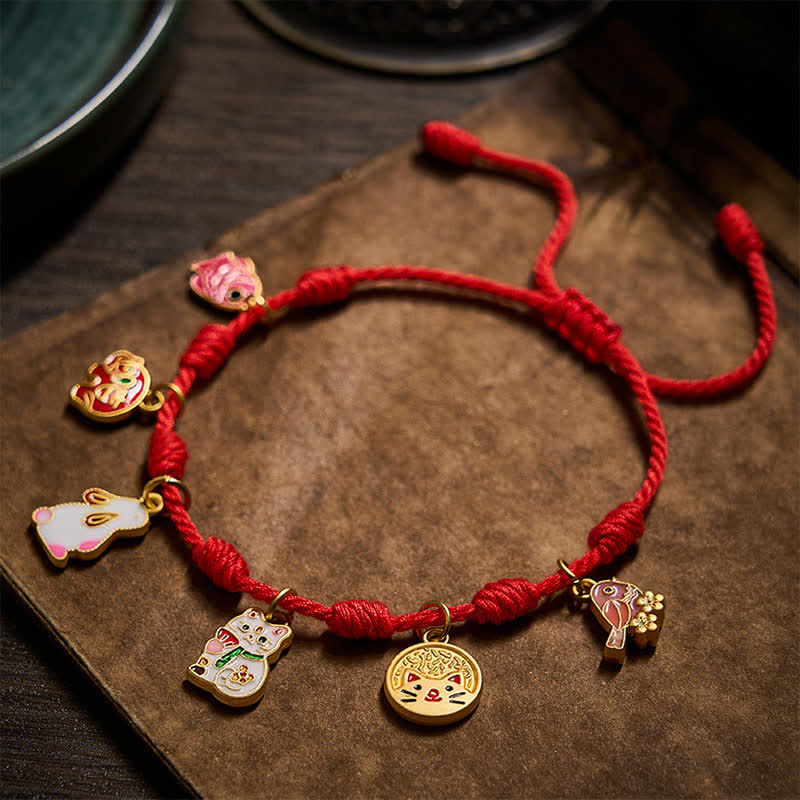 Buddha Stones Braccialetto portafortuna fatto a mano con sette nodi, filo rosso, carpe koi, elefanti, conigli, gatti e gazze viola. - image 3