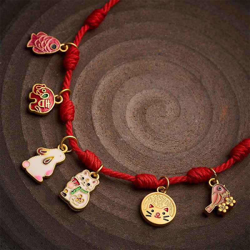 Buddha Stones Braccialetto portafortuna fatto a mano con sette nodi, filo rosso, carpe koi, elefanti, conigli, gatti e gazze viola. - image 10