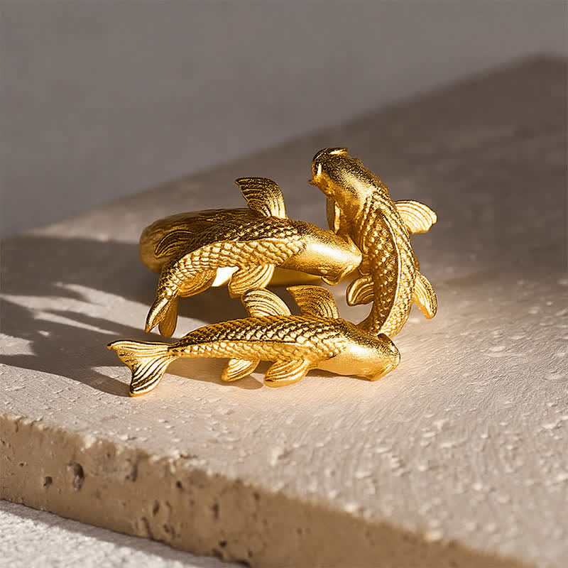 Buddha Stones Anello aperto Retro Alloy con tre pesci koi. - image 1