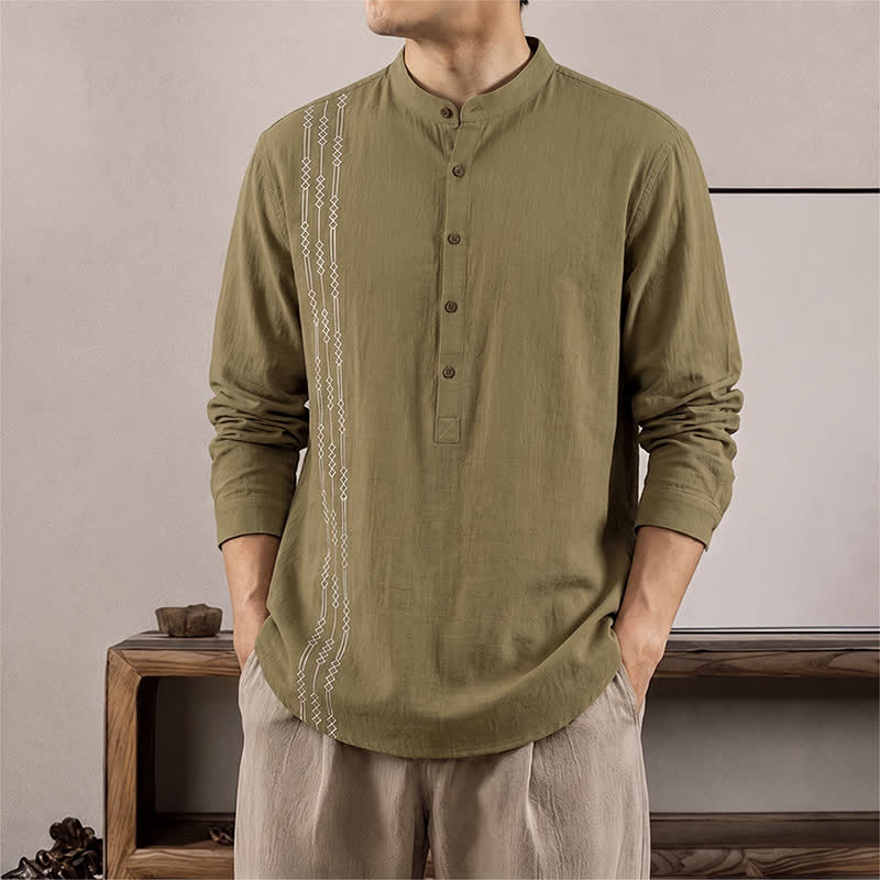 Buddha Stones Camicia da uomo a maniche lunghe in cotone, stile Tang, casual, primavera/estate, con motivo geometrico. - Cachi scuro - US/UK/AU40, EU50 (2XL) - image 14