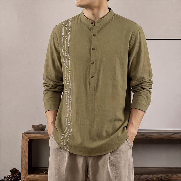 Buddha Stones Camicia da uomo a maniche lunghe in cotone, stile Tang, casual, primavera/estate, con motivo geometrico. - Cachi scuro - US/UK/AU40, EU50 (2XL) - image 14