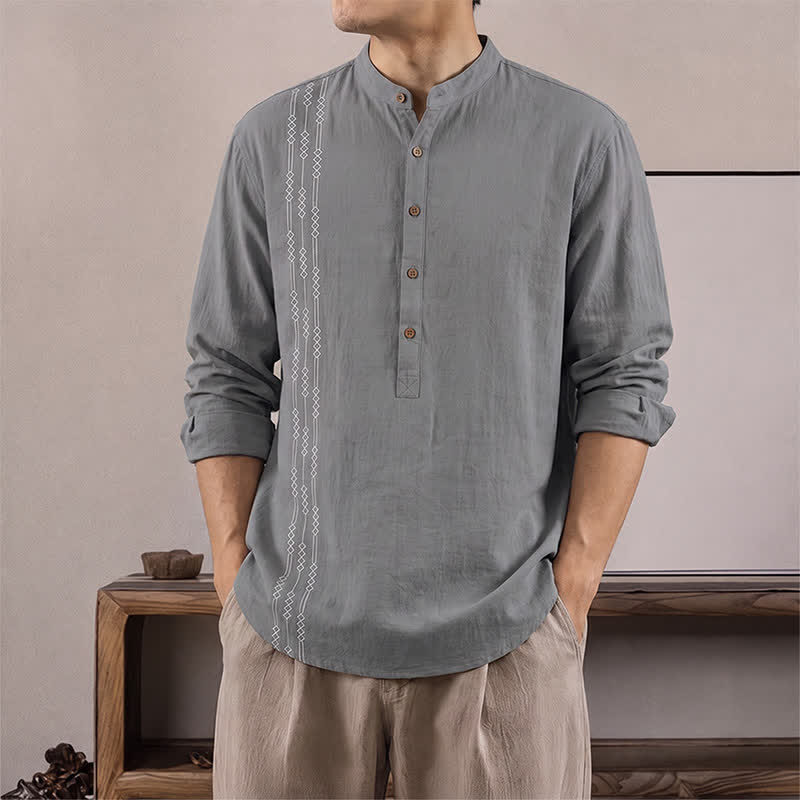 Buddha Stones Camicia da uomo a maniche lunghe in cotone, stile Tang, casual, primavera/estate, con motivo geometrico. - Grigio ardesia - US/UK/AU40, EU50 (2XL) - image 7