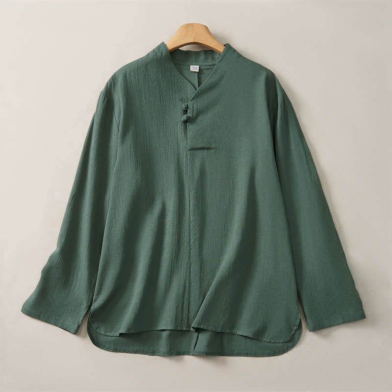 Camicia da donna a maniche lunghe in cotone tinta unita, stile Tang, con colletto alla coreana e stampa Buddha Stones, ideale per primavera e autunno. - Verde mare - US16, UK/AU20, EU48 (5XL) - image 0
