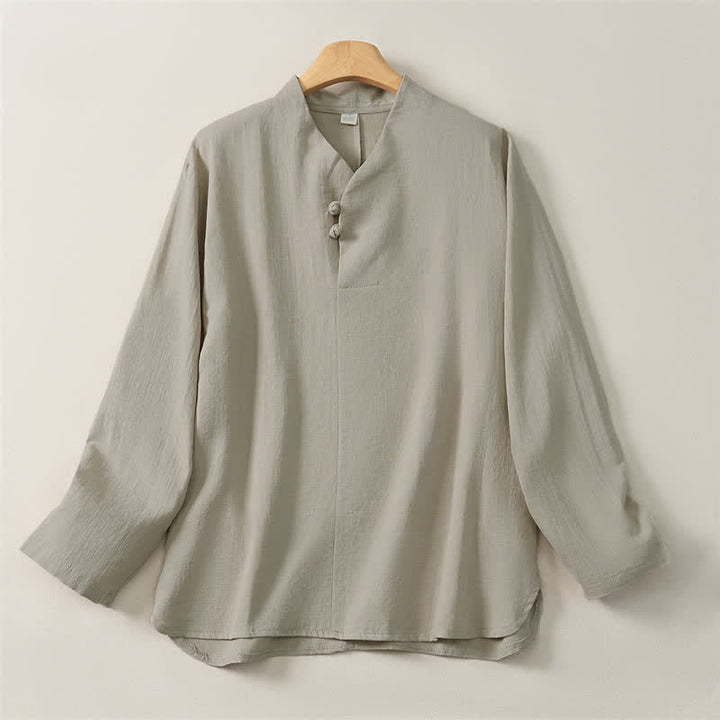Camicia da donna a maniche lunghe in cotone tinta unita, stile Tang, con colletto alla coreana e stampa Buddha Stones, ideale per primavera e autunno. - Beige - US16, UK/AU20, EU48 (5XL) - image 8