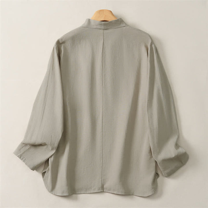 Camicia da donna a maniche lunghe in cotone tinta unita, stile Tang, con colletto alla coreana e stampa Buddha Stones, ideale per primavera e autunno. - image 9