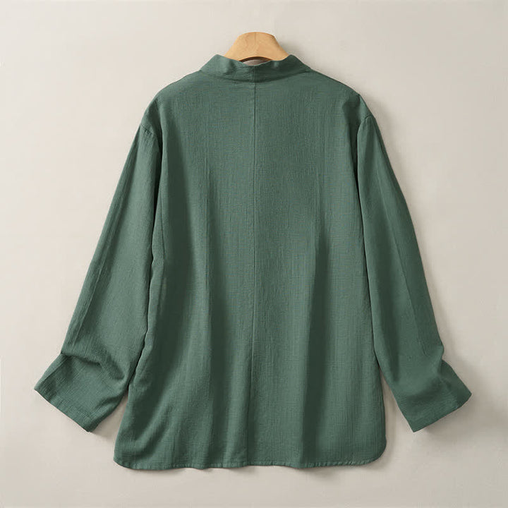 Camicia da donna a maniche lunghe in cotone tinta unita, stile Tang, con colletto alla coreana e stampa Buddha Stones, ideale per primavera e autunno. - image 1