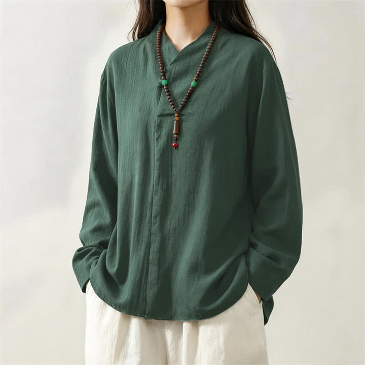 Camicia da donna a maniche lunghe in cotone tinta unita, stile Tang, con colletto alla coreana e stampa Buddha Stones, ideale per primavera e autunno. - image 3