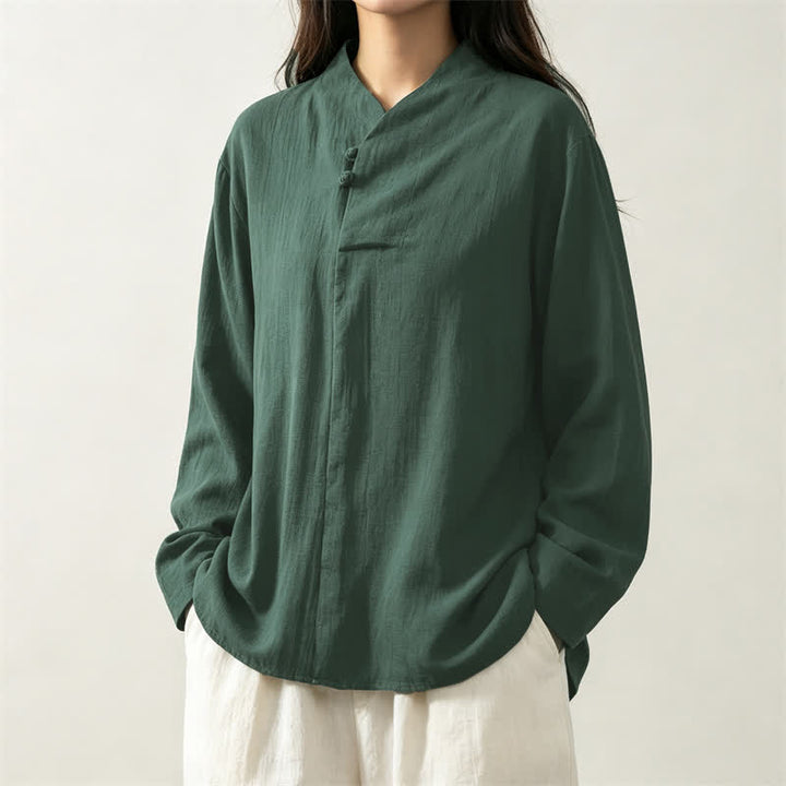 Camicia da donna a maniche lunghe in cotone tinta unita, stile Tang, con colletto alla coreana e stampa Buddha Stones, ideale per primavera e autunno. - image 2