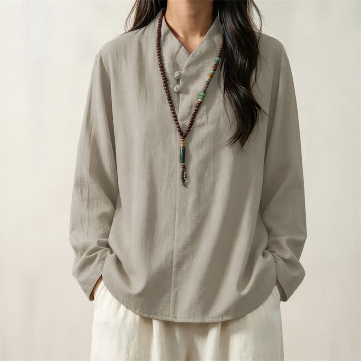 Camicia da donna a maniche lunghe in cotone tinta unita, stile Tang, con colletto alla coreana e stampa Buddha Stones, ideale per primavera e autunno. - image 11