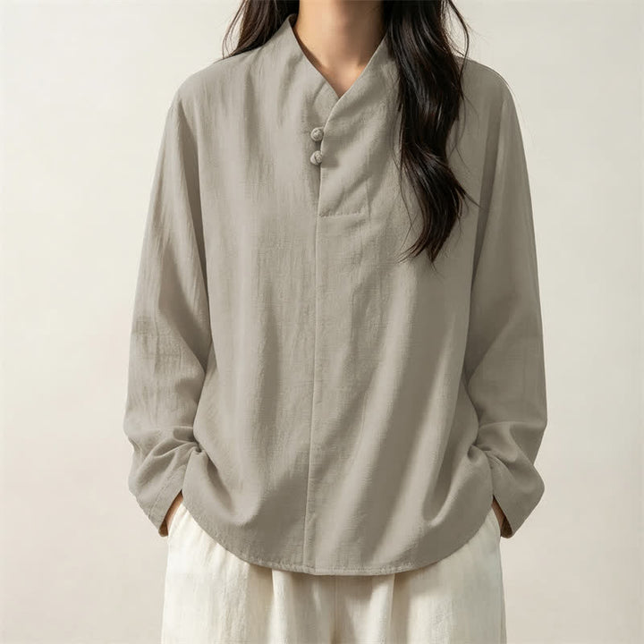 Camicia da donna a maniche lunghe in cotone tinta unita, stile Tang, con colletto alla coreana e stampa Buddha Stones, ideale per primavera e autunno. - image 10