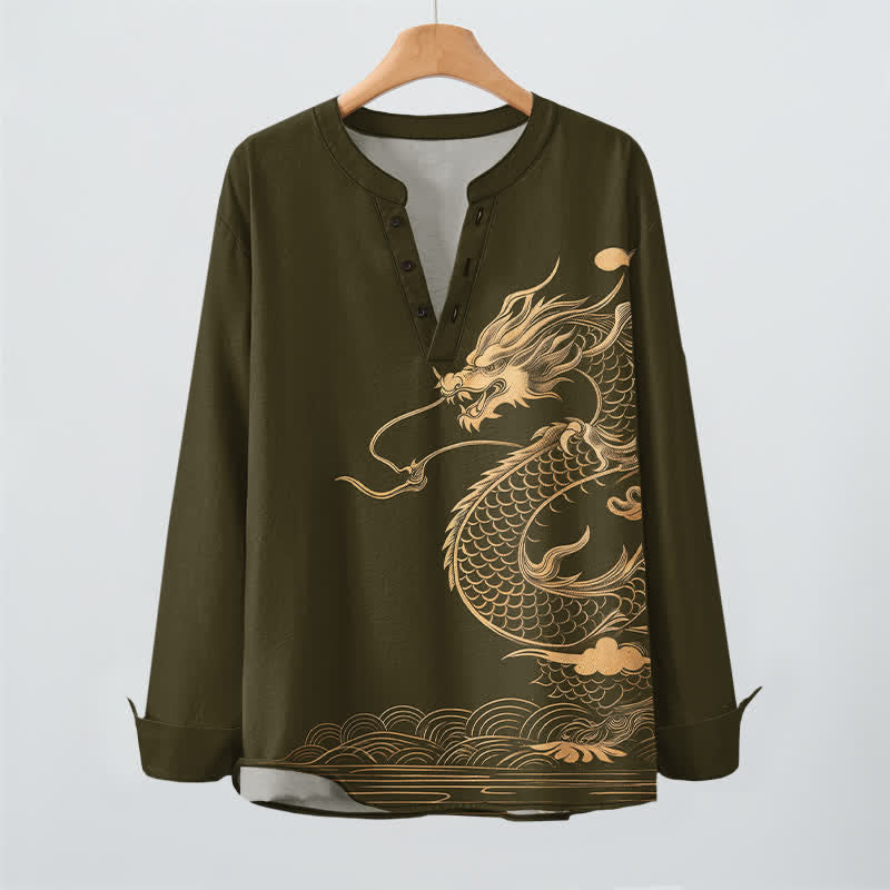 Buddha Stones Camicia da uomo a maniche lunghe con scollo a V e bottoni, in cotone con motivo a onde di drago dorato. - image 2