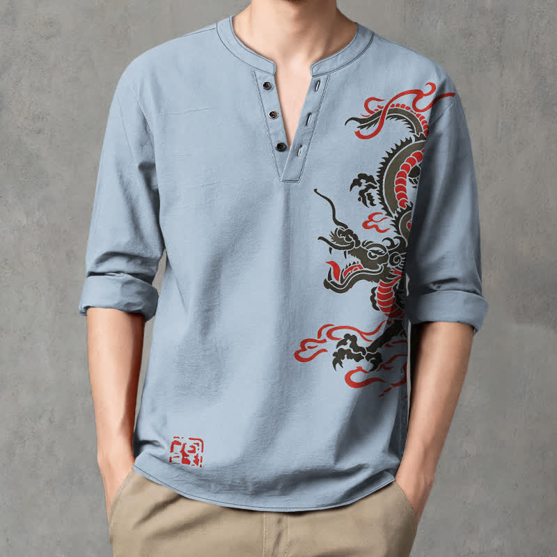 Buddha Stones Camicia da uomo a maniche lunghe con scollo a V e bottoni, in cotone, con motivo drago orientale e fiamme. - Azzurro chiaro - US/UK/AU48, EU58 (4XL) - image 7