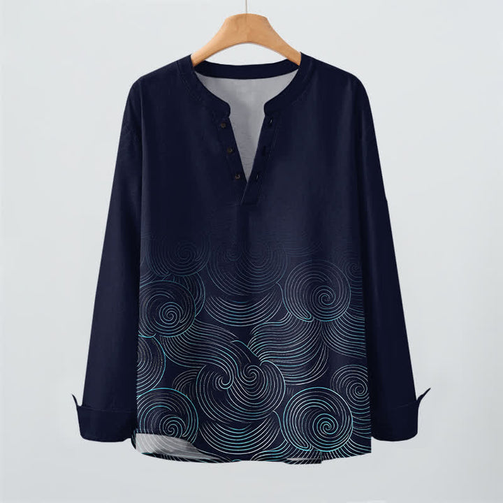 Buddha Stones Camicia da uomo a maniche lunghe con scollo a V e bottoni, in cotone, con motivo a spirale di onde oceaniche. - image 2