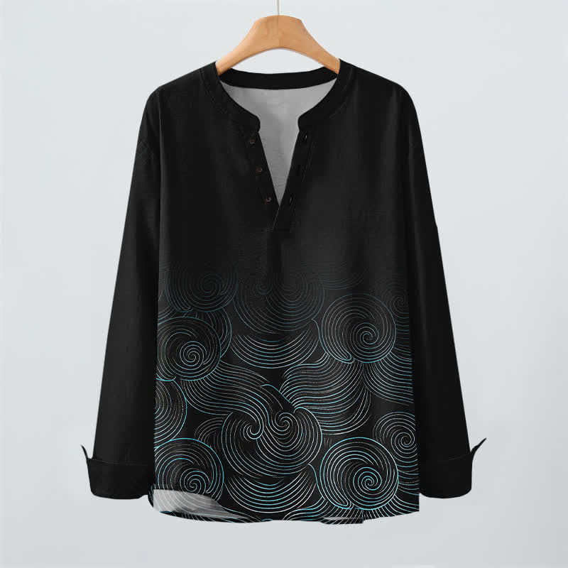 Buddha Stones Camicia da uomo a maniche lunghe con scollo a V e bottoni, in cotone, con motivo a spirale di onde oceaniche. - image 16