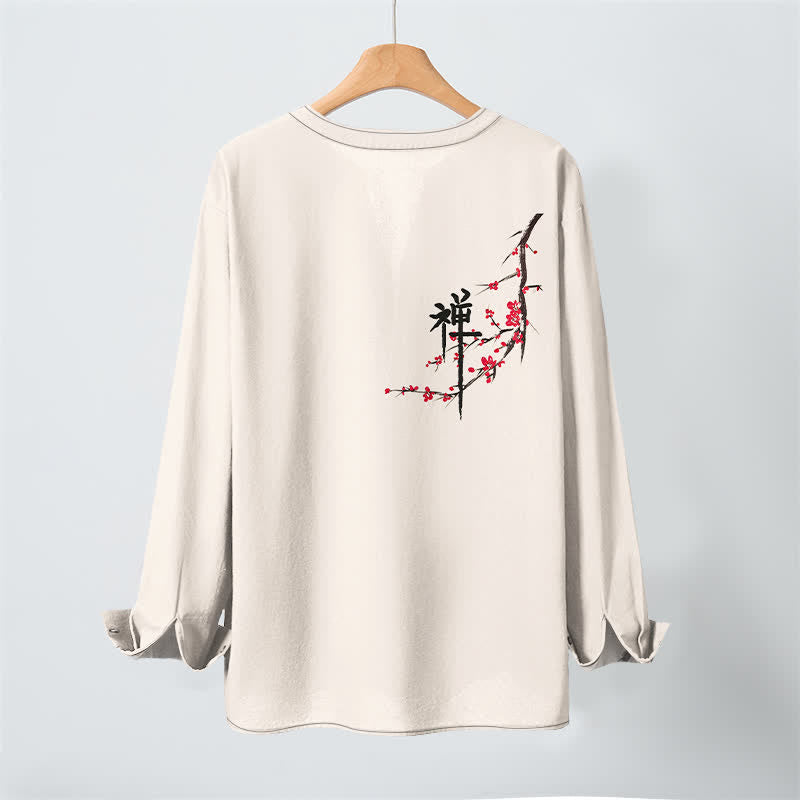 Buddha Stones Camicia da uomo a maniche lunghe con scollo a V e bottoni, in cotone, con motivo floreale Zen e stampa a fiori di pruno. - image 3