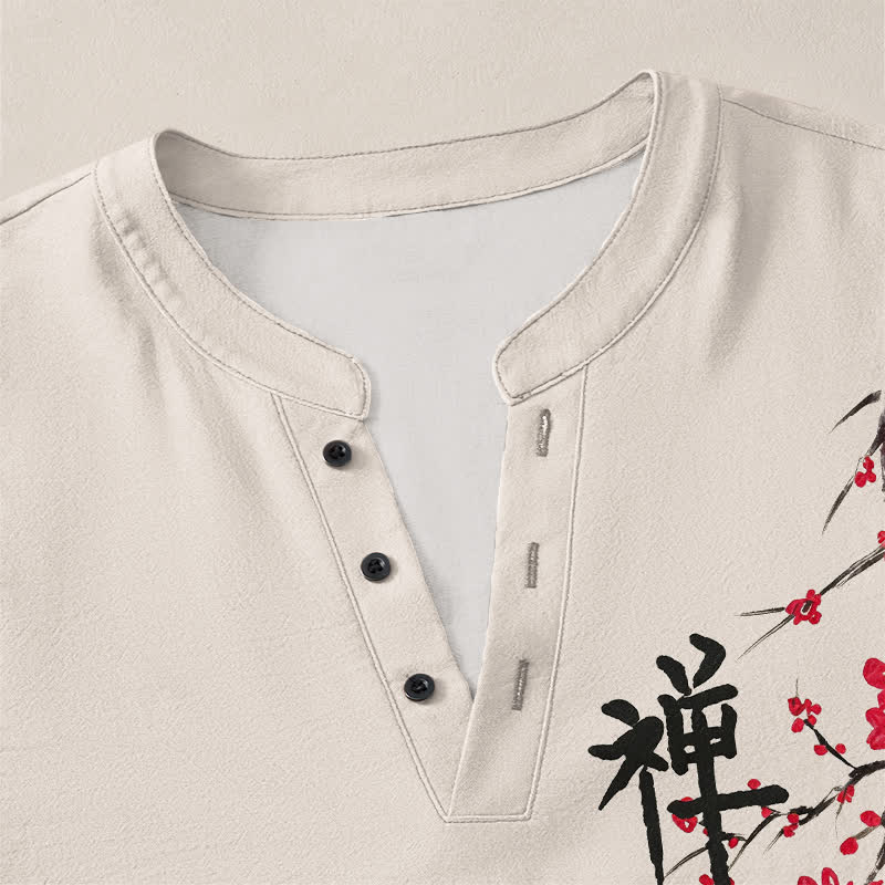 Buddha Stones Camicia da uomo a maniche lunghe con scollo a V e bottoni, in cotone, con motivo floreale Zen e stampa a fiori di pruno. - image 4