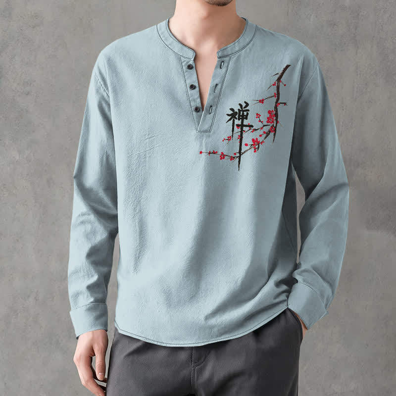 Buddha Stones Camicia da uomo a maniche lunghe con scollo a V e bottoni, in cotone, con motivo floreale Zen e stampa a fiori di pruno. - Azzurro polvere - US/UK/AU48, EU58 (4XL) - image 7