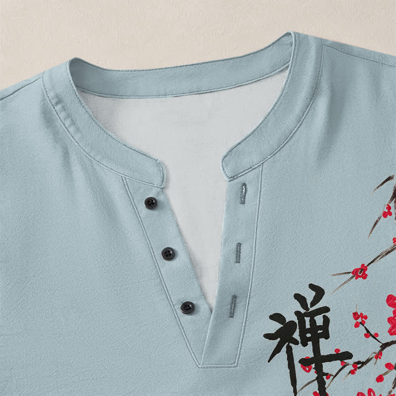 Buddha Stones Camicia da uomo a maniche lunghe con scollo a V e bottoni, in cotone, con motivo floreale Zen e stampa a fiori di pruno. - image 11