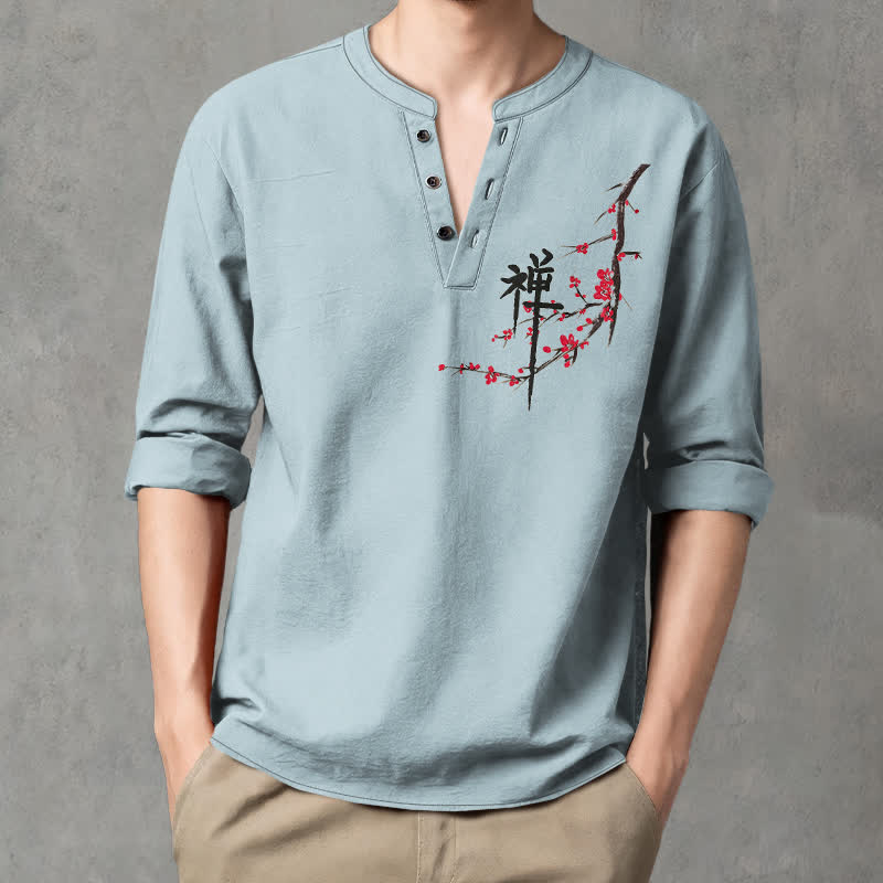 Buddha Stones Camicia da uomo a maniche lunghe con scollo a V e bottoni, in cotone, con motivo floreale Zen e stampa a fiori di pruno. - image 8