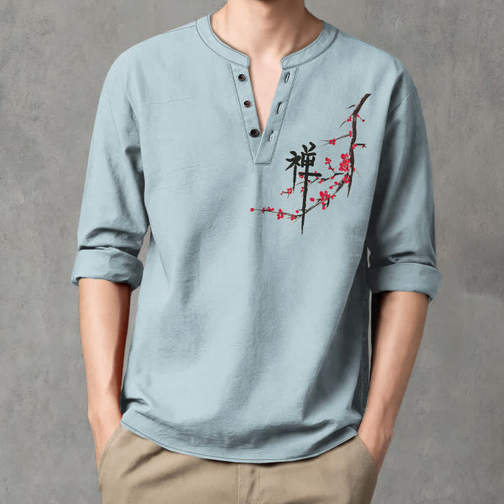 Buddha Stones Camicia da uomo a maniche lunghe con scollo a V e bottoni, in cotone, con motivo floreale Zen e stampa a fiori di pruno. - image 8