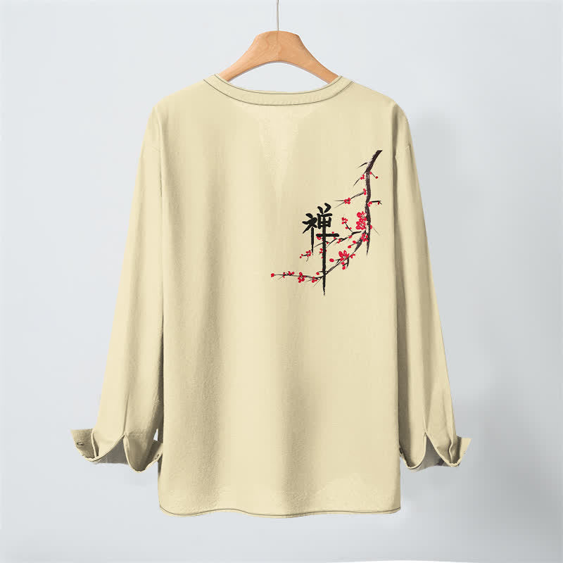 Buddha Stones Camicia da uomo a maniche lunghe con scollo a V e bottoni, in cotone, con motivo floreale Zen e stampa a fiori di pruno. - image 17