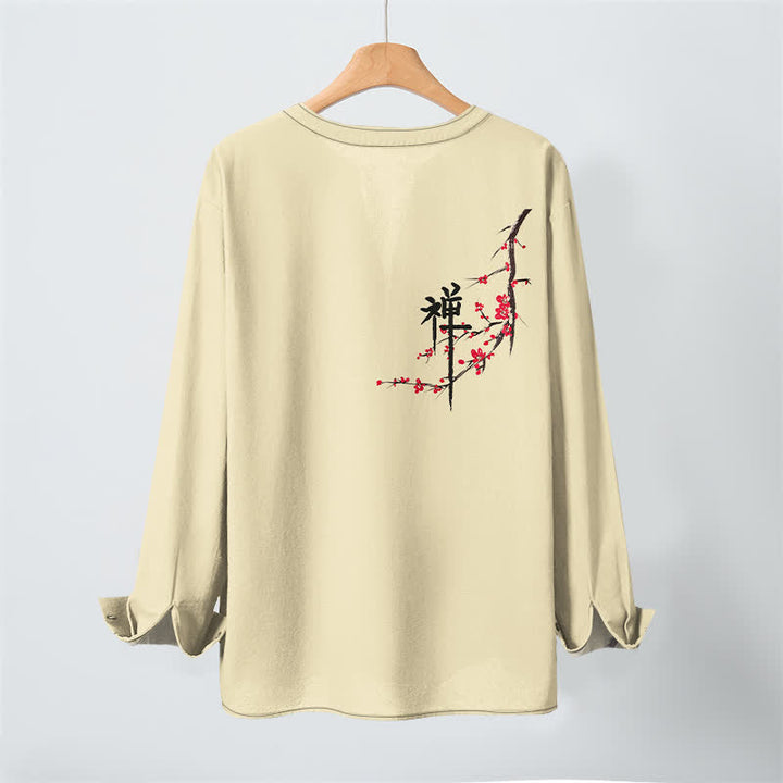 Buddha Stones Camicia da uomo a maniche lunghe con scollo a V e bottoni, in cotone, con motivo floreale Zen e stampa a fiori di pruno. - image 17