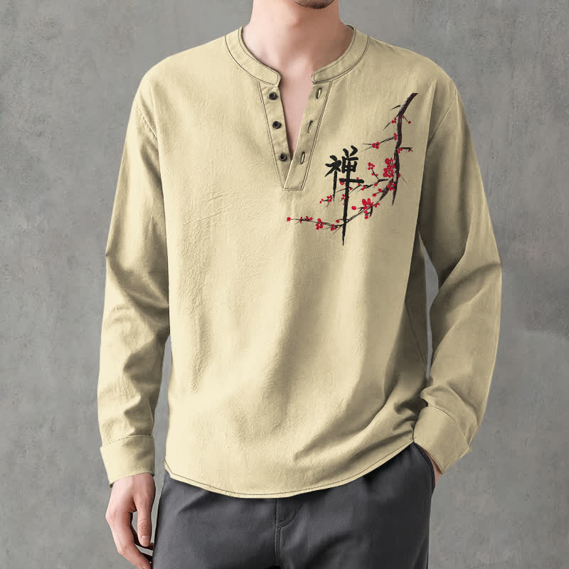 Buddha Stones Camicia da uomo a maniche lunghe con scollo a V e bottoni, in cotone, con motivo floreale Zen e stampa a fiori di pruno. - Cachi - US/UK/AU48, EU58 (4XL) - image 14