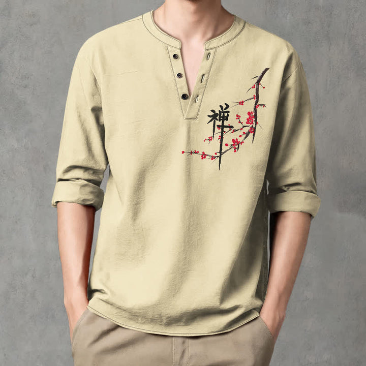 Buddha Stones Camicia da uomo a maniche lunghe con scollo a V e bottoni, in cotone, con motivo floreale Zen e stampa a fiori di pruno. - image 15