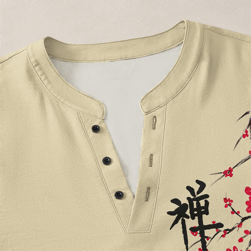 Buddha Stones Camicia da uomo a maniche lunghe con scollo a V e bottoni, in cotone, con motivo floreale Zen e stampa a fiori di pruno. - image 18