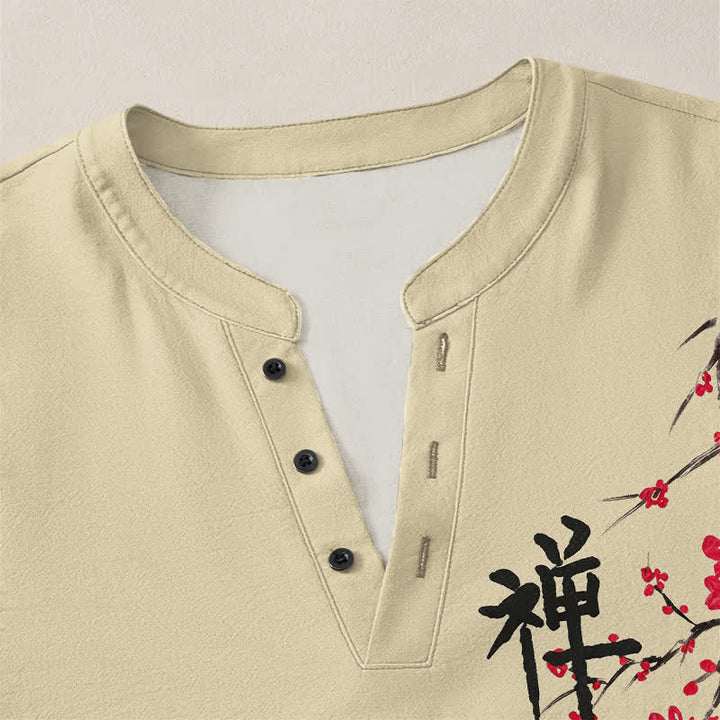 Buddha Stones Camicia da uomo a maniche lunghe con scollo a V e bottoni, in cotone, con motivo floreale Zen e stampa a fiori di pruno. - image 18