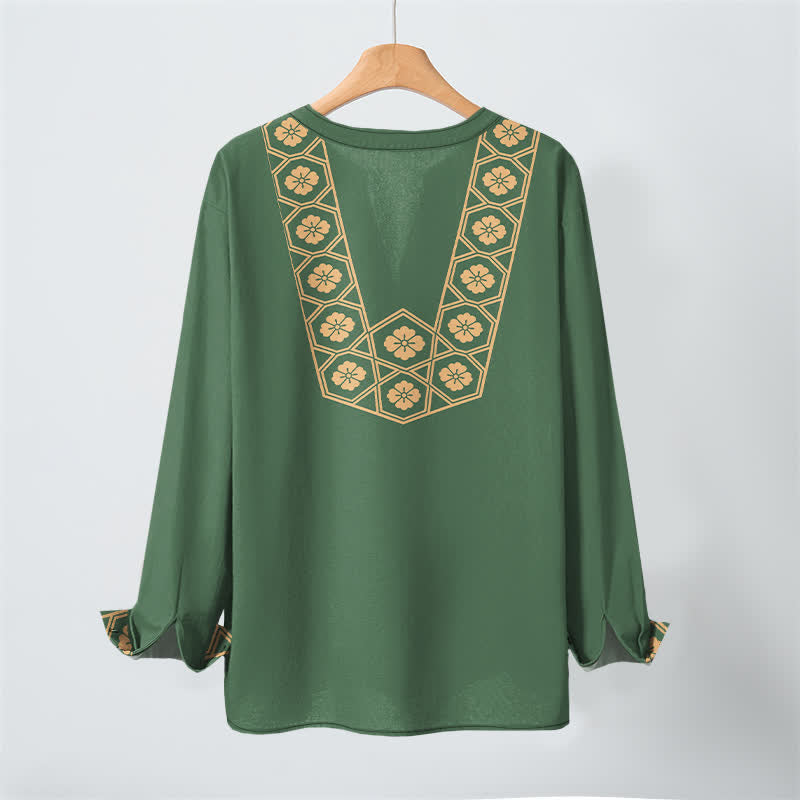 Buddha Stones Camicia da uomo a maniche lunghe con scollo a V e bottoni, in cotone, con motivo floreale etnico a griglia. - image 10