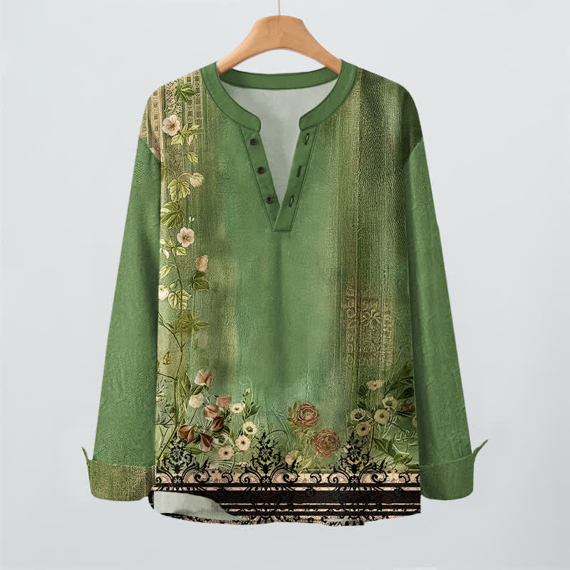 Buddha Stones Camicia da uomo a maniche lunghe con scollo a V e bottoni, in cotone, con motivo floreale vintage a tralci di vite. - image 16