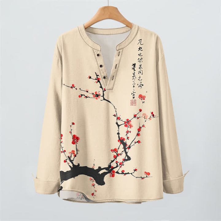Buddha Stones Camicia da uomo a maniche lunghe con scollo a V e bottoni, stampa a fiori di pruno rosso, colore cotone. - image 9