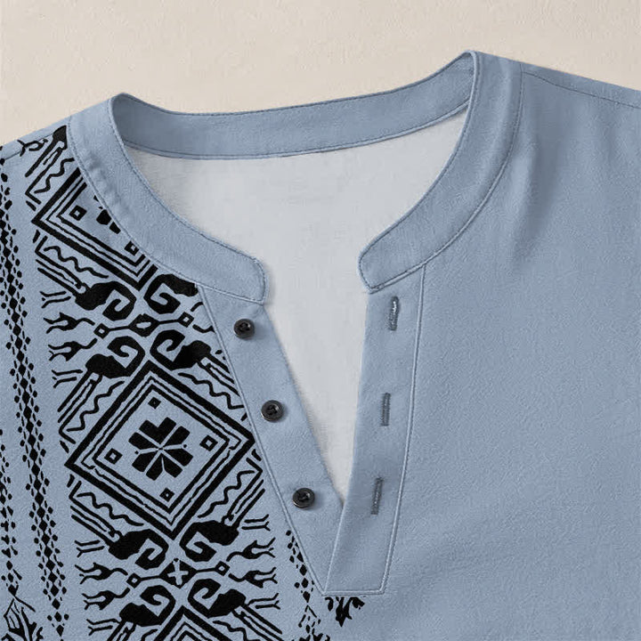 Buddha Stones Camicia da uomo a maniche lunghe in cotone stile bohémien con motivo geometrico a quadri, scollo a V e bottoni. - image 11
