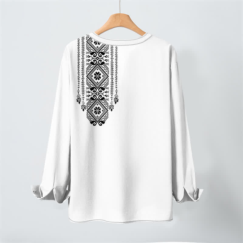 Buddha Stones Camicia da uomo a maniche lunghe in cotone stile bohémien con motivo geometrico a quadri, scollo a V e bottoni. - image 17