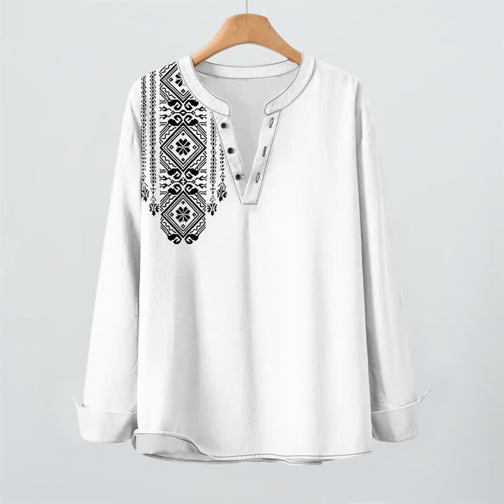 Buddha Stones Camicia da uomo a maniche lunghe in cotone stile bohémien con motivo geometrico a quadri, scollo a V e bottoni. - image 16