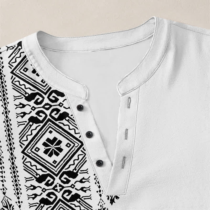 Buddha Stones Camicia da uomo a maniche lunghe in cotone stile bohémien con motivo geometrico a quadri, scollo a V e bottoni. - image 18