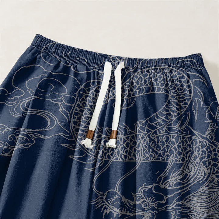 Buddha Stones Pantaloni harem da uomo in puro cotone con coulisse e tasche, fantasia drago e nuvole di buon auspicio. - image 3