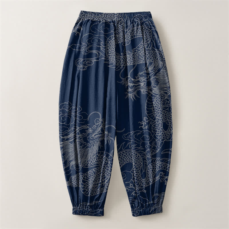 Buddha Stones Pantaloni harem da uomo in puro cotone con coulisse e tasche, fantasia drago e nuvole di buon auspicio. - image 2