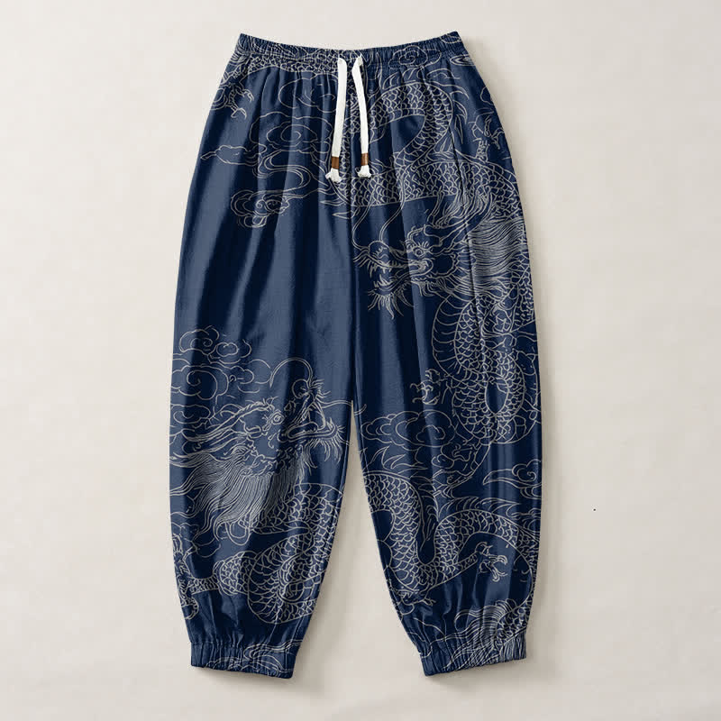 Buddha Stones Pantaloni harem da uomo in puro cotone con coulisse e tasche, fantasia drago e nuvole di buon auspicio. - image 1