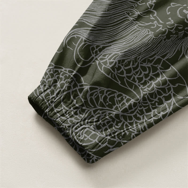 Buddha Stones Pantaloni harem da uomo in puro cotone con coulisse e tasche, fantasia drago e nuvole di buon auspicio. - image 10