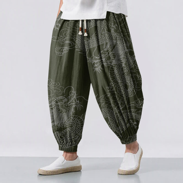 Buddha Stones Pantaloni harem da uomo in puro cotone con coulisse e tasche, fantasia drago e nuvole di buon auspicio. - Verde oliva scuro - US/UK/AU50, EU60 (5XL) - image 6