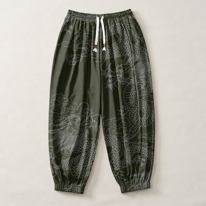 Buddha Stones Pantaloni harem da uomo in puro cotone con coulisse e tasche, fantasia drago e nuvole di buon auspicio. - image 7