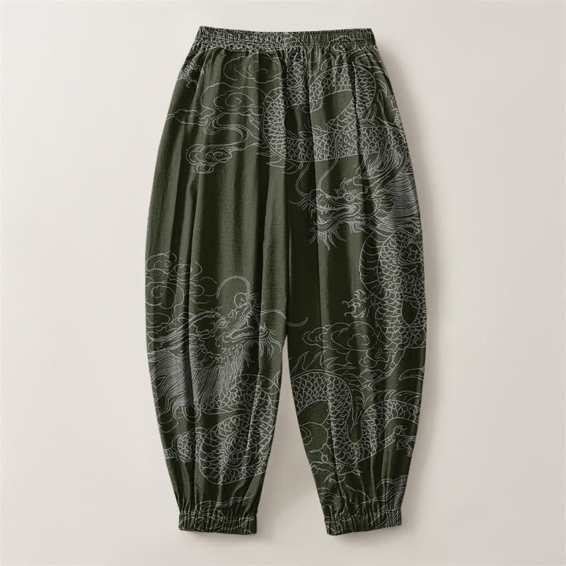 Buddha Stones Pantaloni harem da uomo in puro cotone con coulisse e tasche, fantasia drago e nuvole di buon auspicio. - image 8