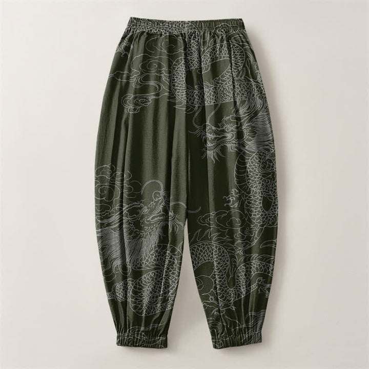Buddha Stones Pantaloni harem da uomo in puro cotone con coulisse e tasche, fantasia drago e nuvole di buon auspicio. - image 8