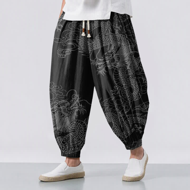Buddha Stones Pantaloni harem da uomo in puro cotone con coulisse e tasche, fantasia drago e nuvole di buon auspicio. - Nero - US/UK/AU50, EU60 (5XL) - image 12